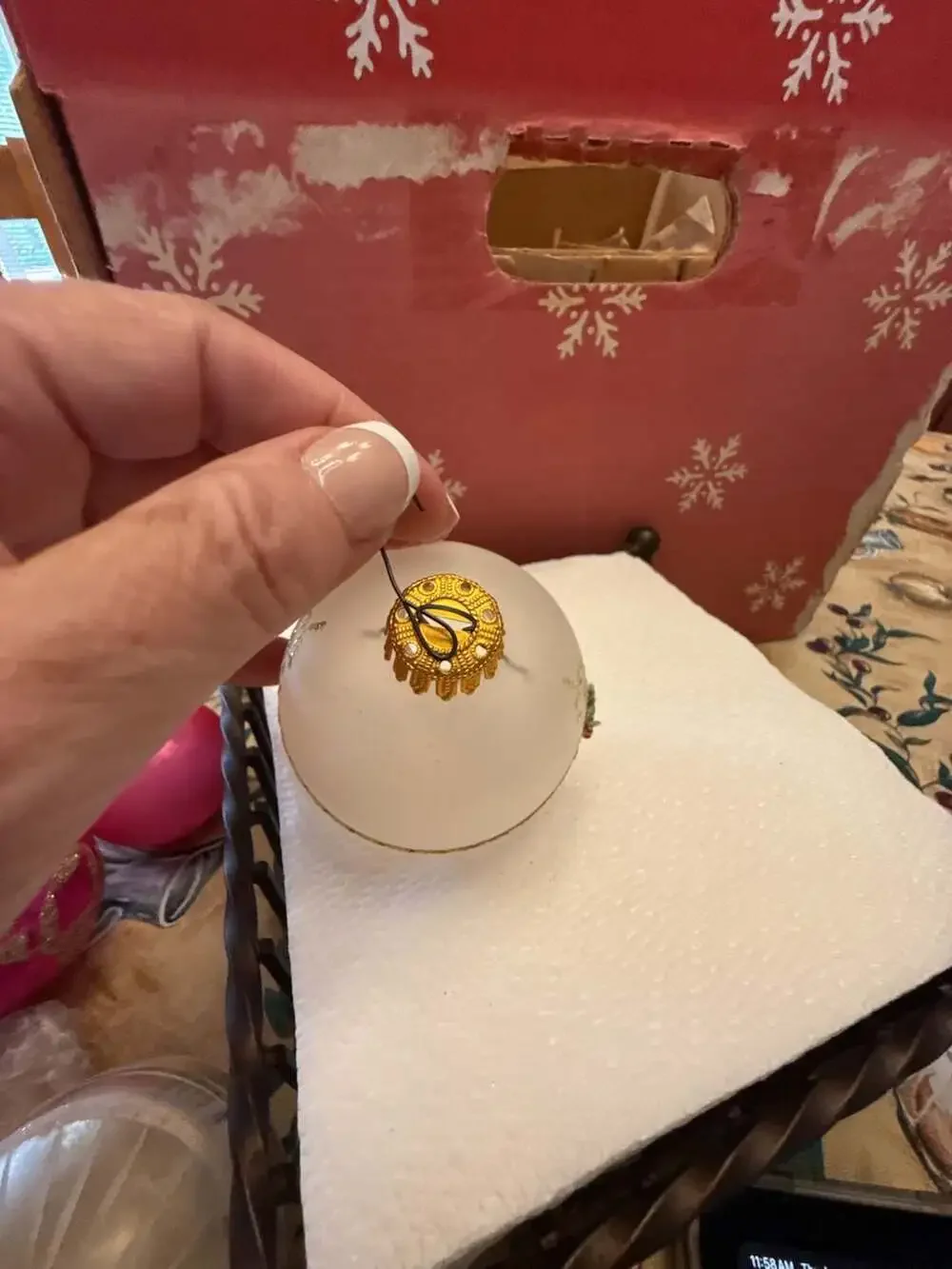 Vtg Xmas by Krebs Frosted Glass Ball Ornament with Gold Glitter Ribbon and Roses